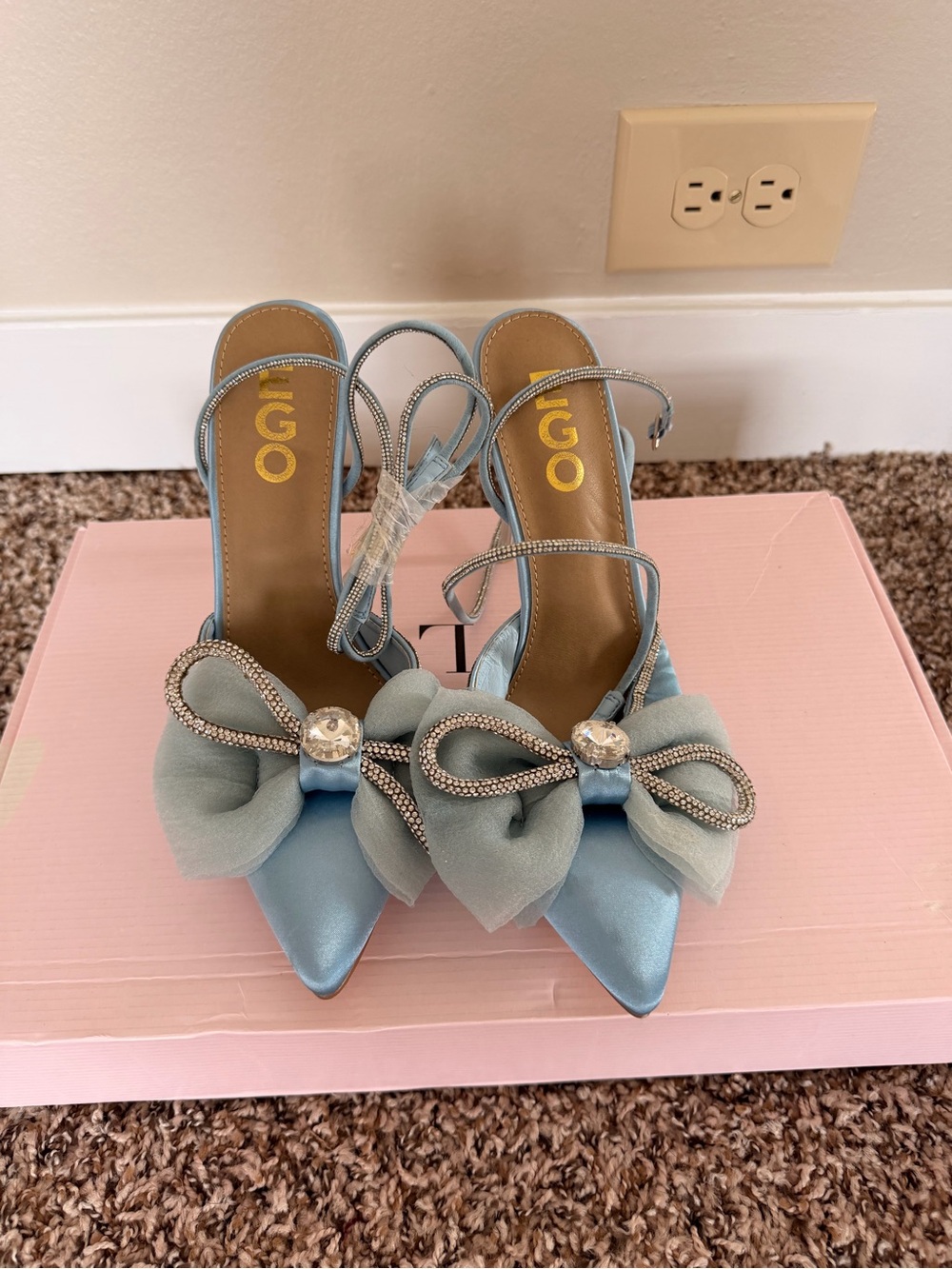 EGO Light Blue Satin Pointed-Toe Slingback Heels with Bow and Crystal